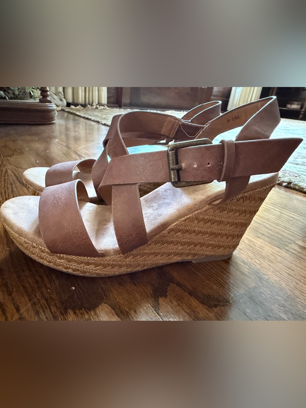 Braided Espadrille Wedges in Tan with Buckle Strap